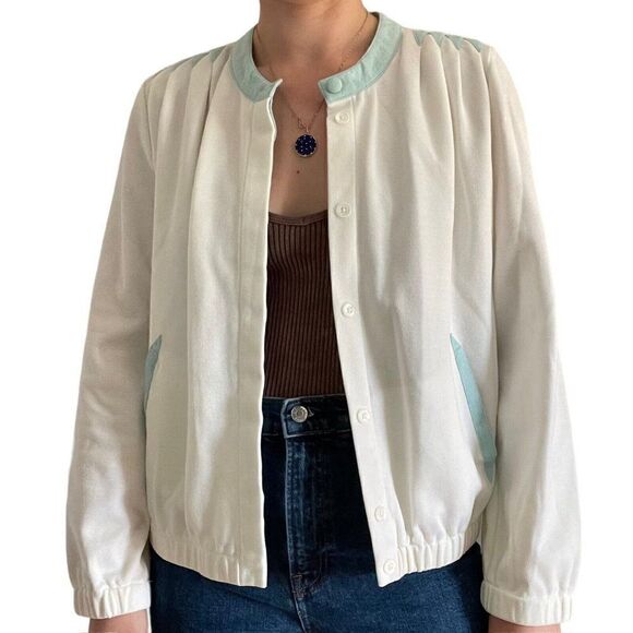 Vintage Womens St. Croix Knits White with Blue Suede Trim Cardigan Preppy Jacket - Picture 4 of 8